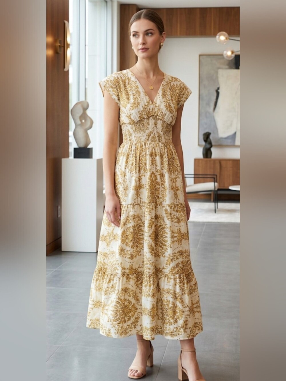 Elegant Smocked Maxi Dress in Cream and Gold #95